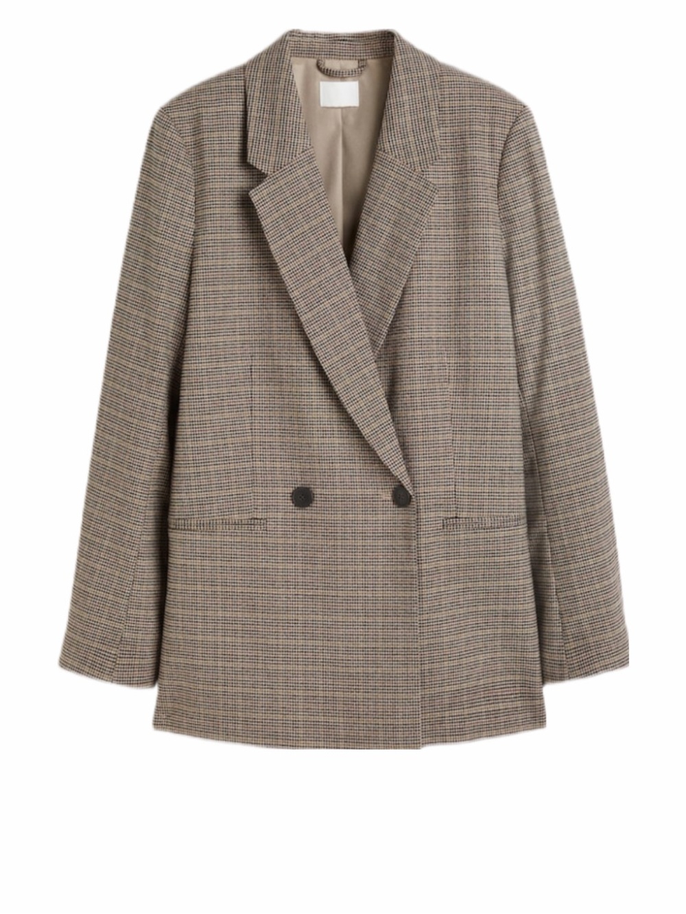 H&M Double-Breasted Blazer Brown Beige Plaid Long Line Size Small Academia